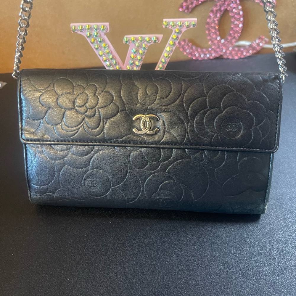 Authentic CHANEL Black Camellia Quilted Leather